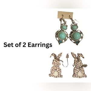 Blue and Silver Vintage-Inspired & Bunny Tail Leopard Print Dangle Earring Set